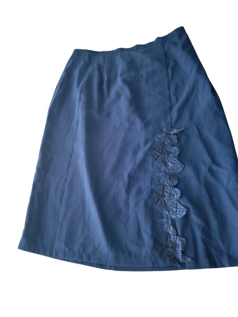 Blue Floral Applique Tea Length Ladies Skirt w Elastic Gather/Zip